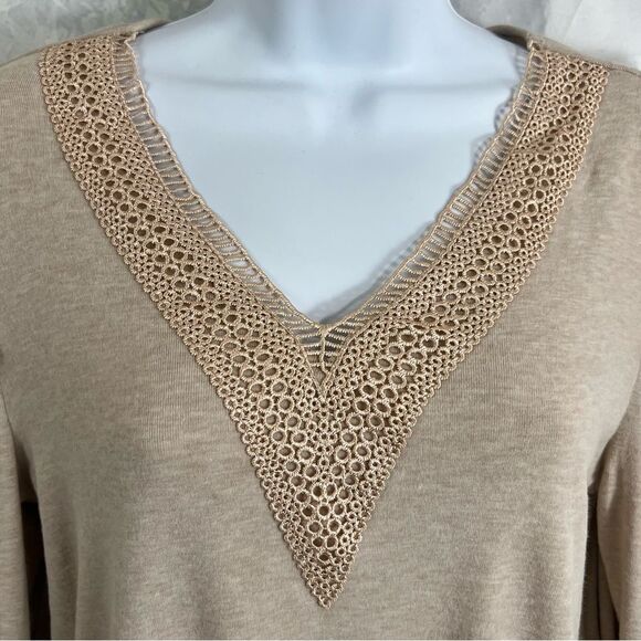 DOKOTOO Beige Minimalist Light Academia Top Crochet V-neck Draped Long Sleeve - Picture 3 of 13